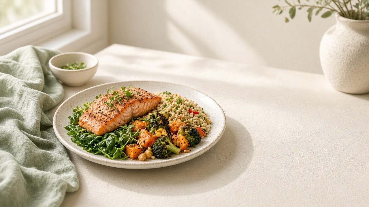 Salmon with grains and vegetables in warm natural light