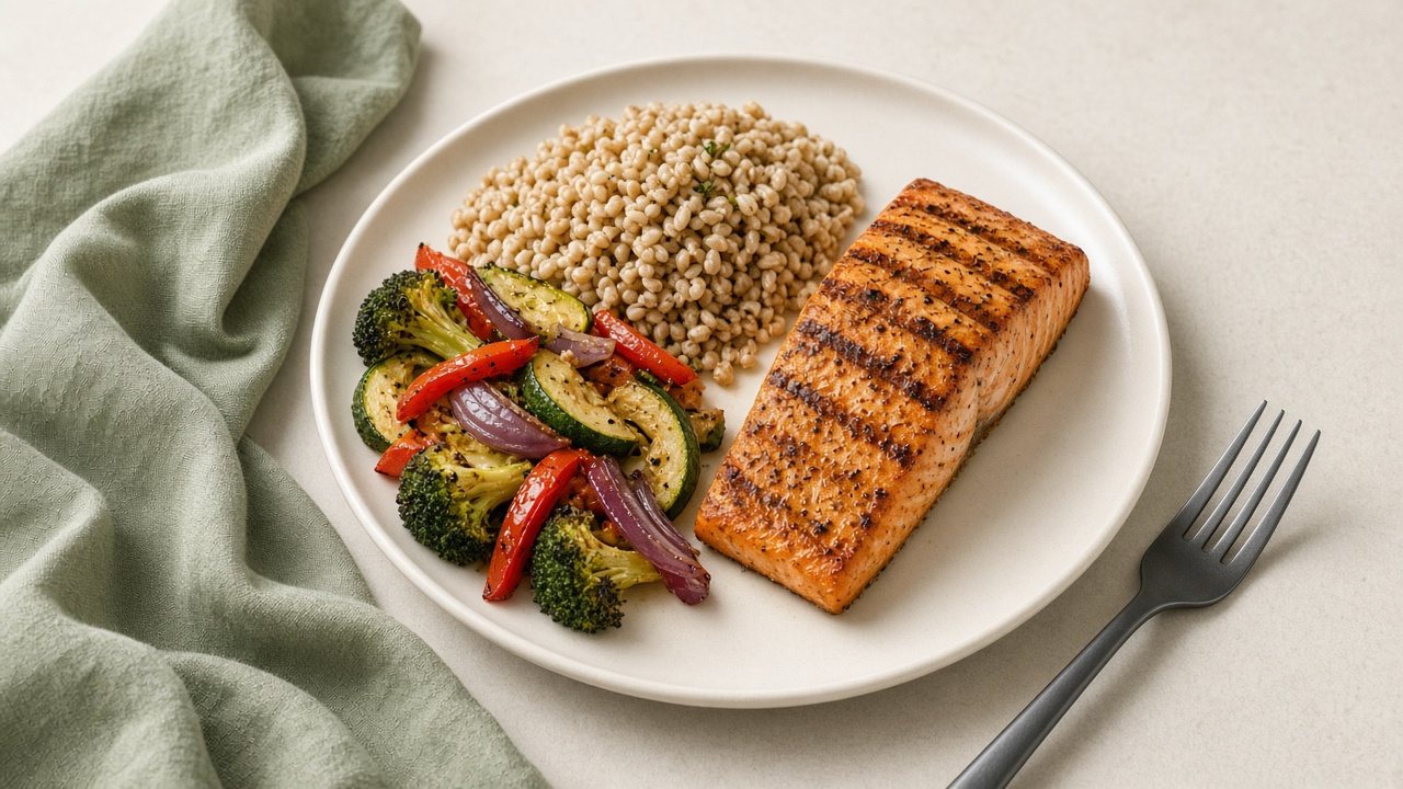 Grilled salmon, a whole grain, and roasted vegetables on a cream plate