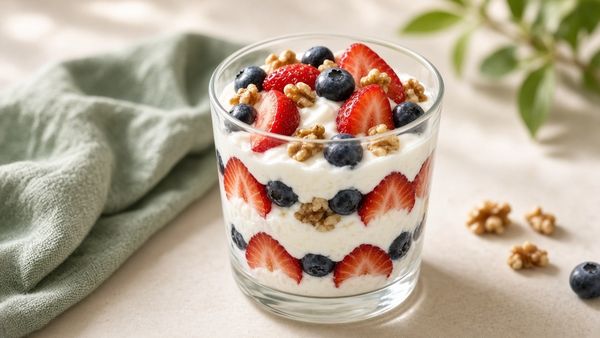 A layered yogurt parfait with berries and nuts