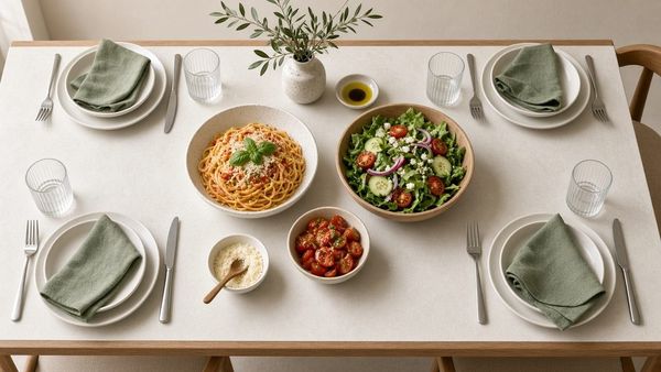 A shared table set with colorful dishes