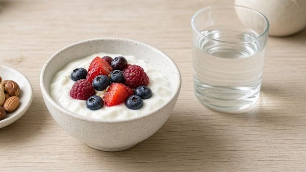 A glass of water beside yogurt topped with berries and a dish of nuts