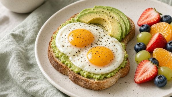 Avocado toast with fried eggs and fresh fruit