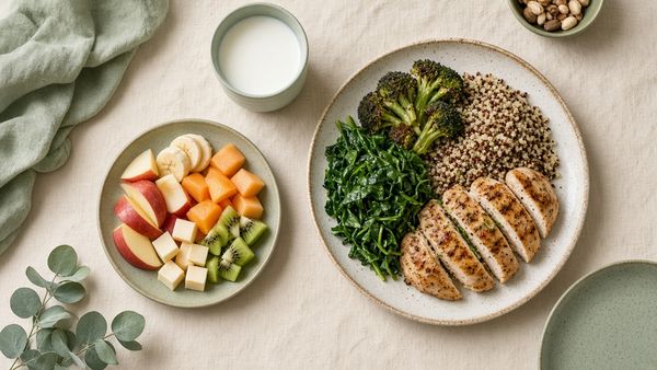 Family table with a child's fruit and cheese plate and an adult plate of chicken, quinoa and greens