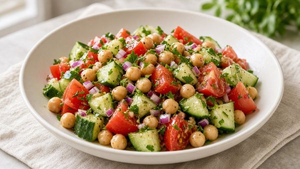 Chickpea salad with cucumber tomato and parsley in a wide bowl