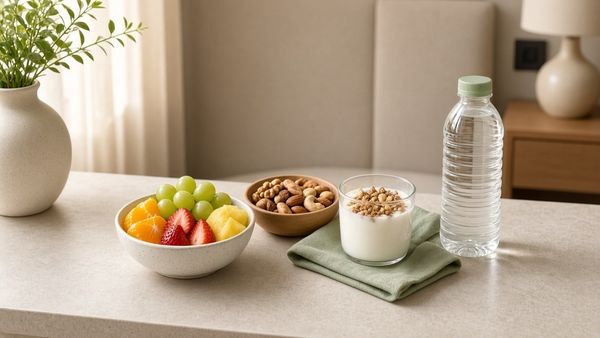 A bowl of fruit, a dish of nuts, a yogurt cup, and a water bottle on a table