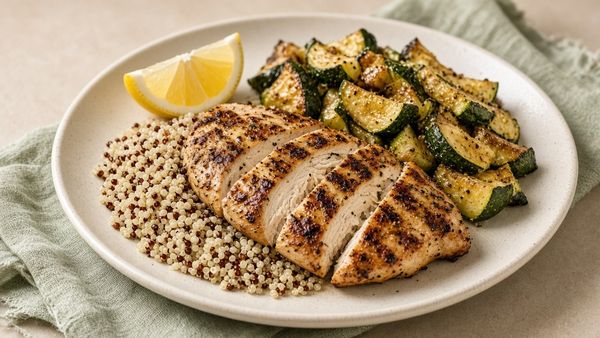 Grilled chicken with quinoa and roasted zucchini on a cream plate