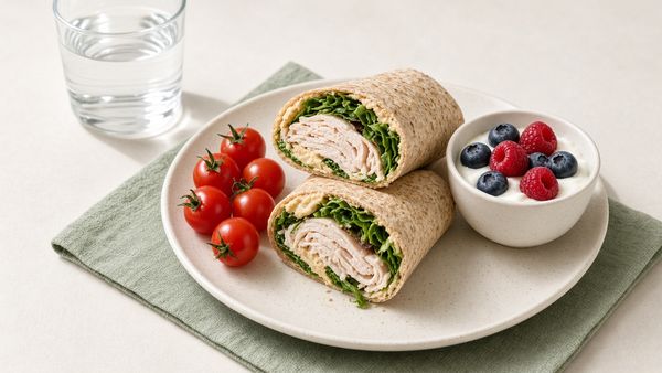 Turkey and greens wrap with cherry tomatoes and yogurt with berries