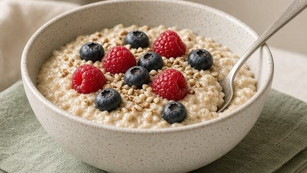 A bowl of oats topped with raspberries and blueberries