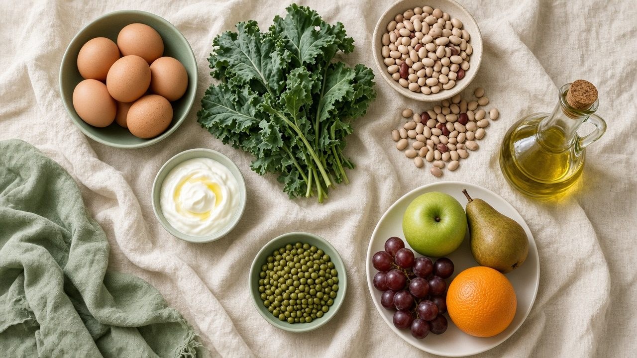 Eggs, kale, beans, yogurt, olive oil, and fruit arranged on a linen cloth