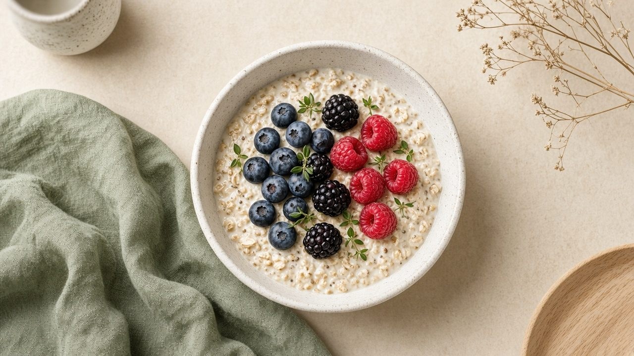 A bowl of oats topped with blueberries and raspberries