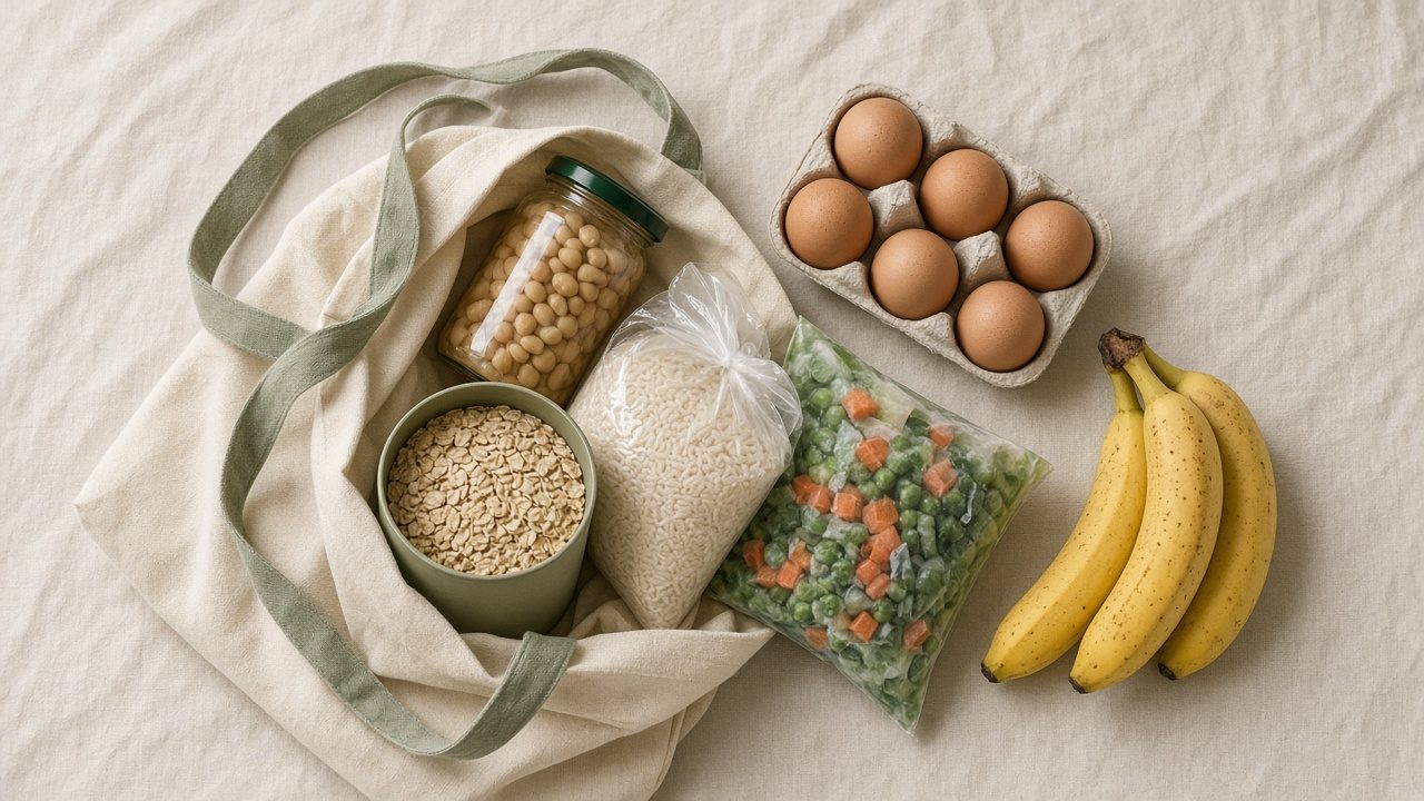 Canvas grocery tote with oats, rice, jarred chickpeas, frozen vegetables, eggs and bananas