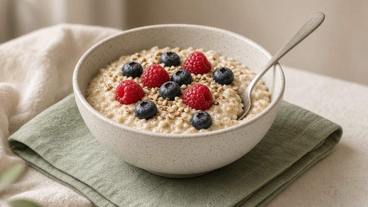 A bowl of oatmeal topped with blueberries and raspberries