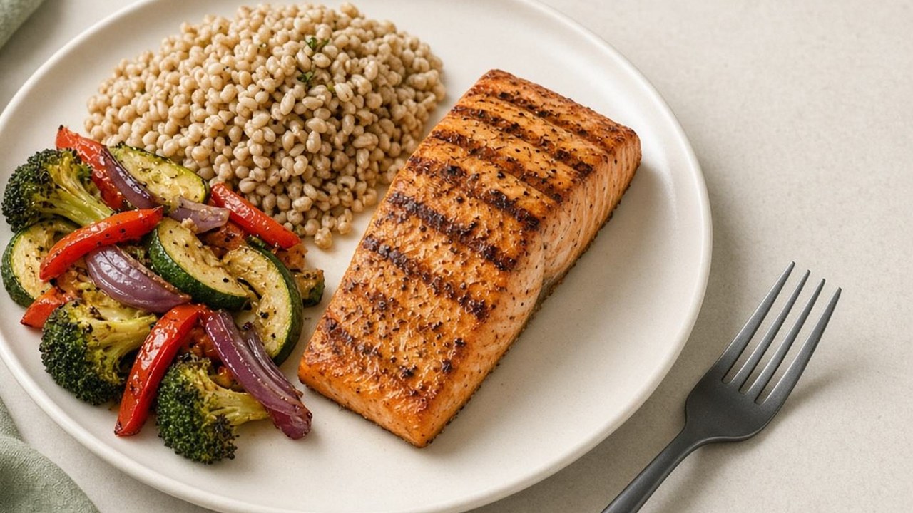 A plated fish meal with grains and vegetables