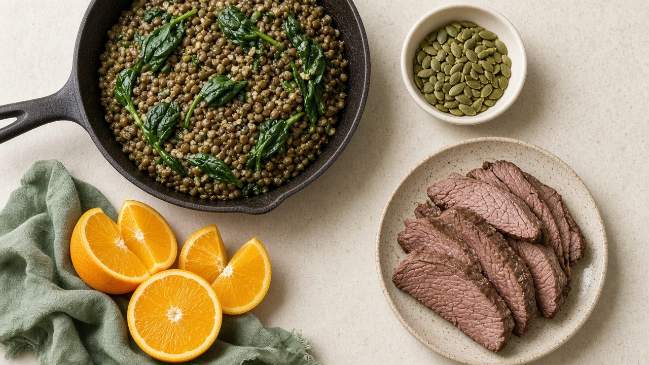 Iron-rich foods: lentils with spinach, sliced beef, pumpkin seeds and orange wedges