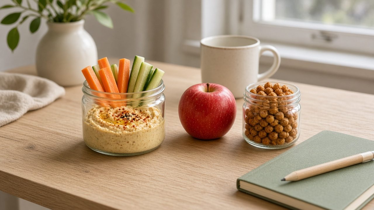 Desk snacks: hummus with carrot and cucumber sticks, an apple and roasted chickpeas