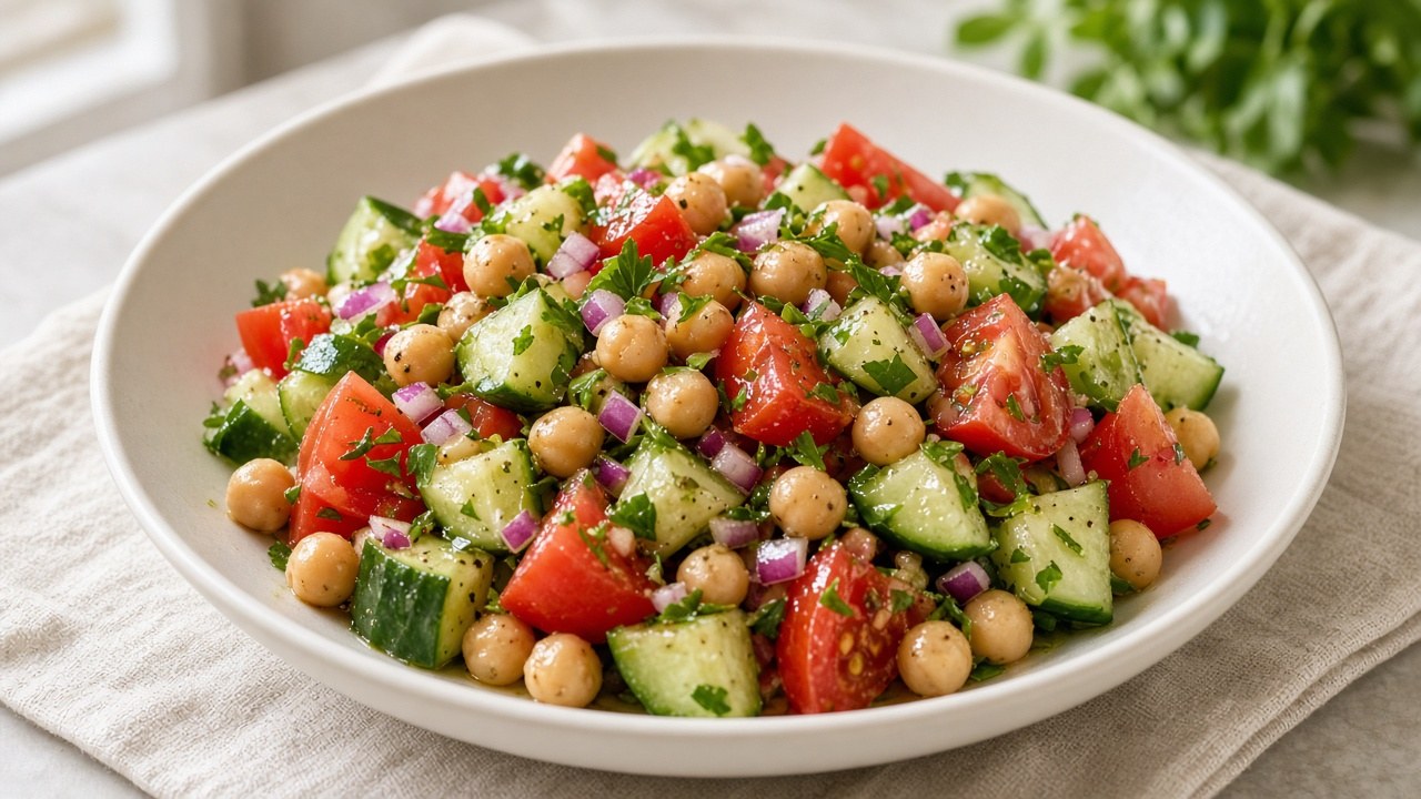Chickpea salad with cucumber tomato and parsley in a wide bowl