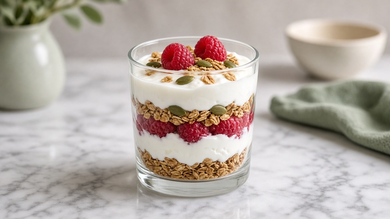 Tall glass of yogurt parfait layered with raspberries and granola