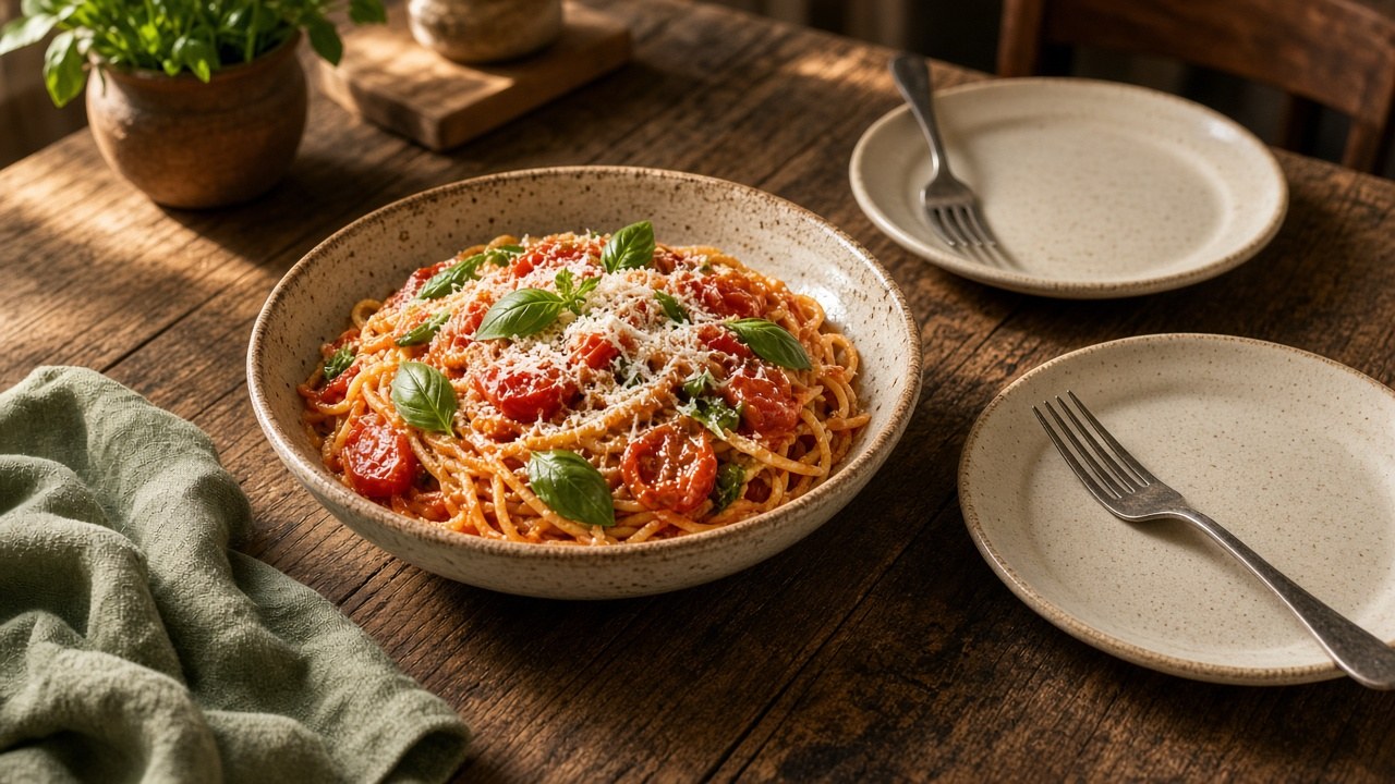 Shared bowl of tomato basil pasta with empty plates beside it