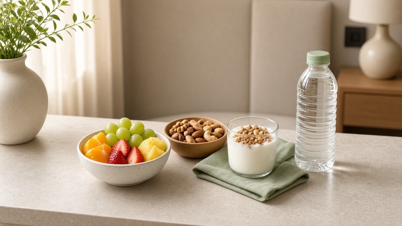A bowl of fruit, a dish of nuts, a yogurt cup, and a water bottle on a table