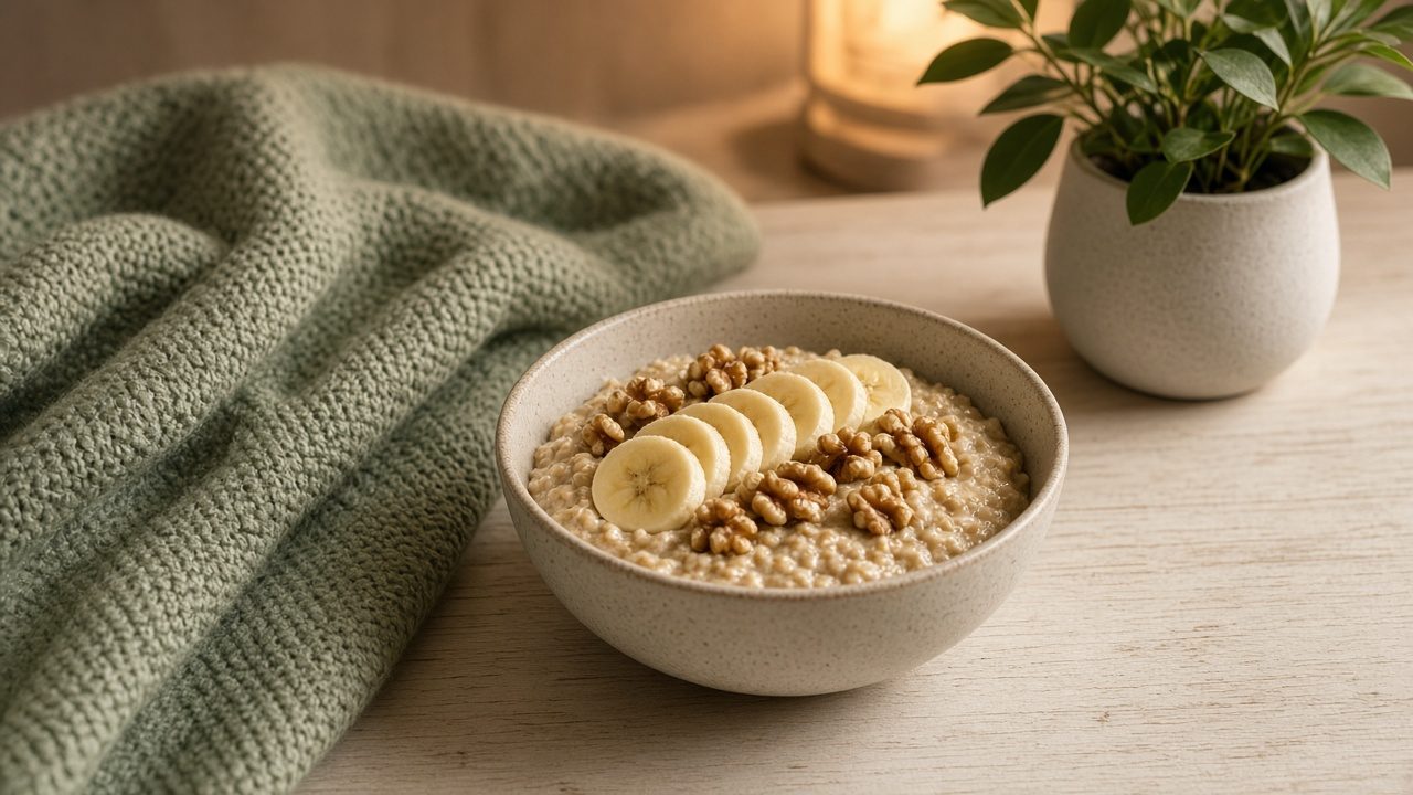 Bowl of oatmeal with banana and walnuts beside a soft sage blanket