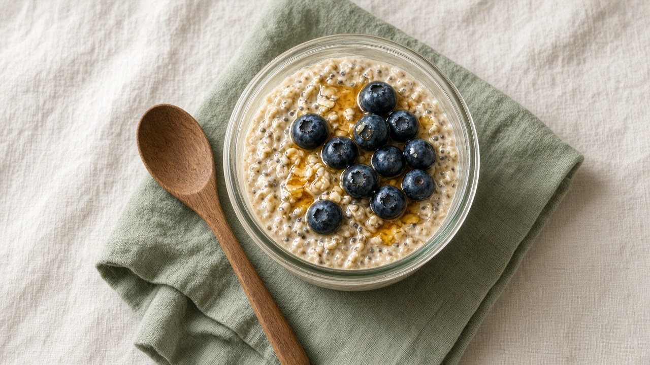 Glass bowl of oats with blueberries and honey on a sage napkin