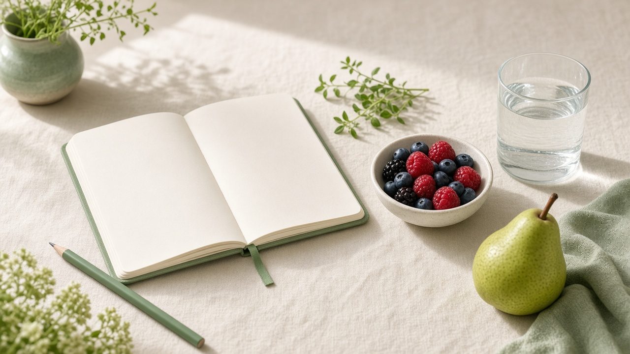 Open notebook beside a bowl of berries, a pear and a glass of water