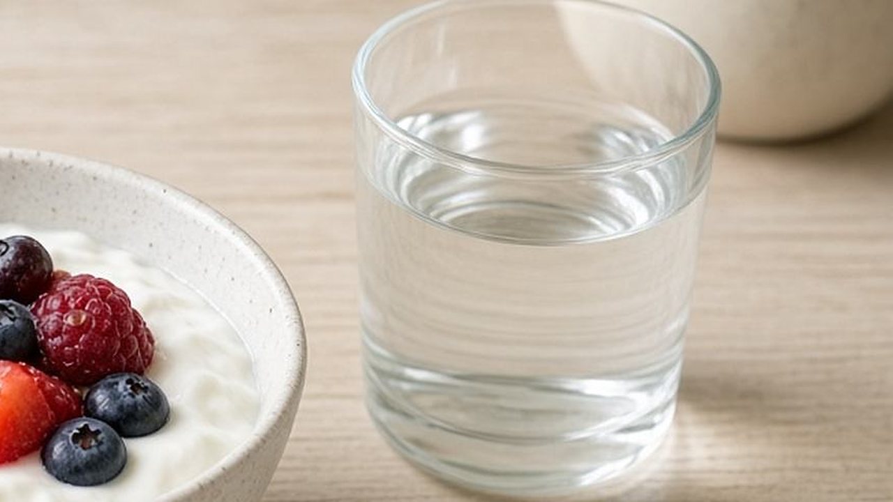A glass of water beside a bowl of yogurt topped with berries