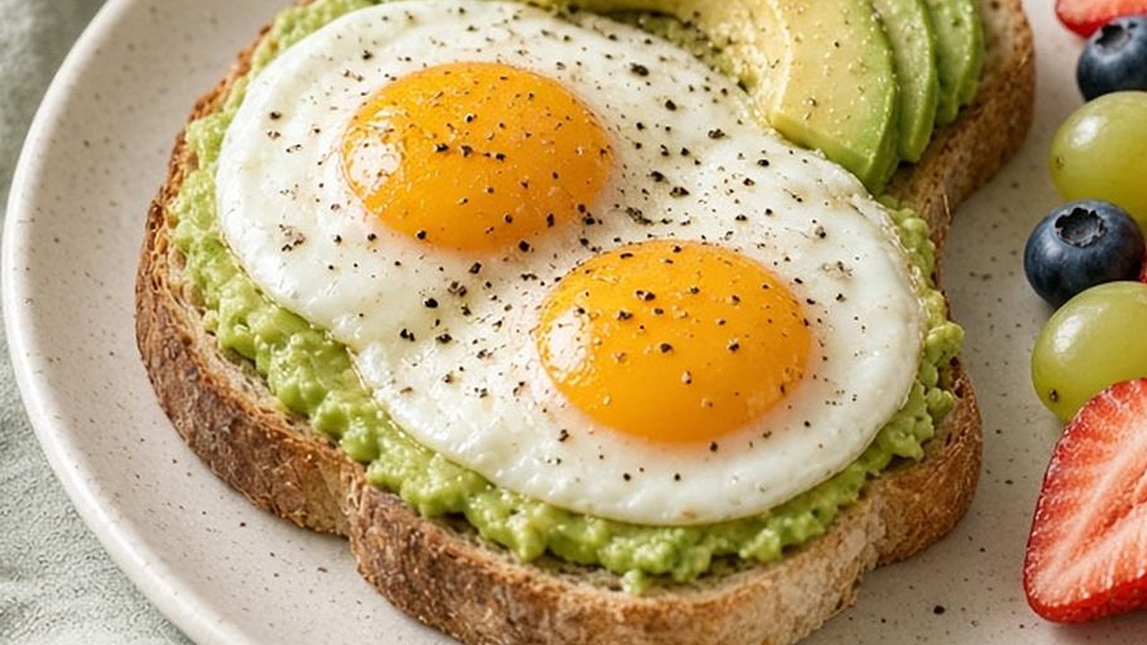 Avocado toast topped with two fried eggs, with fresh fruit on the side
